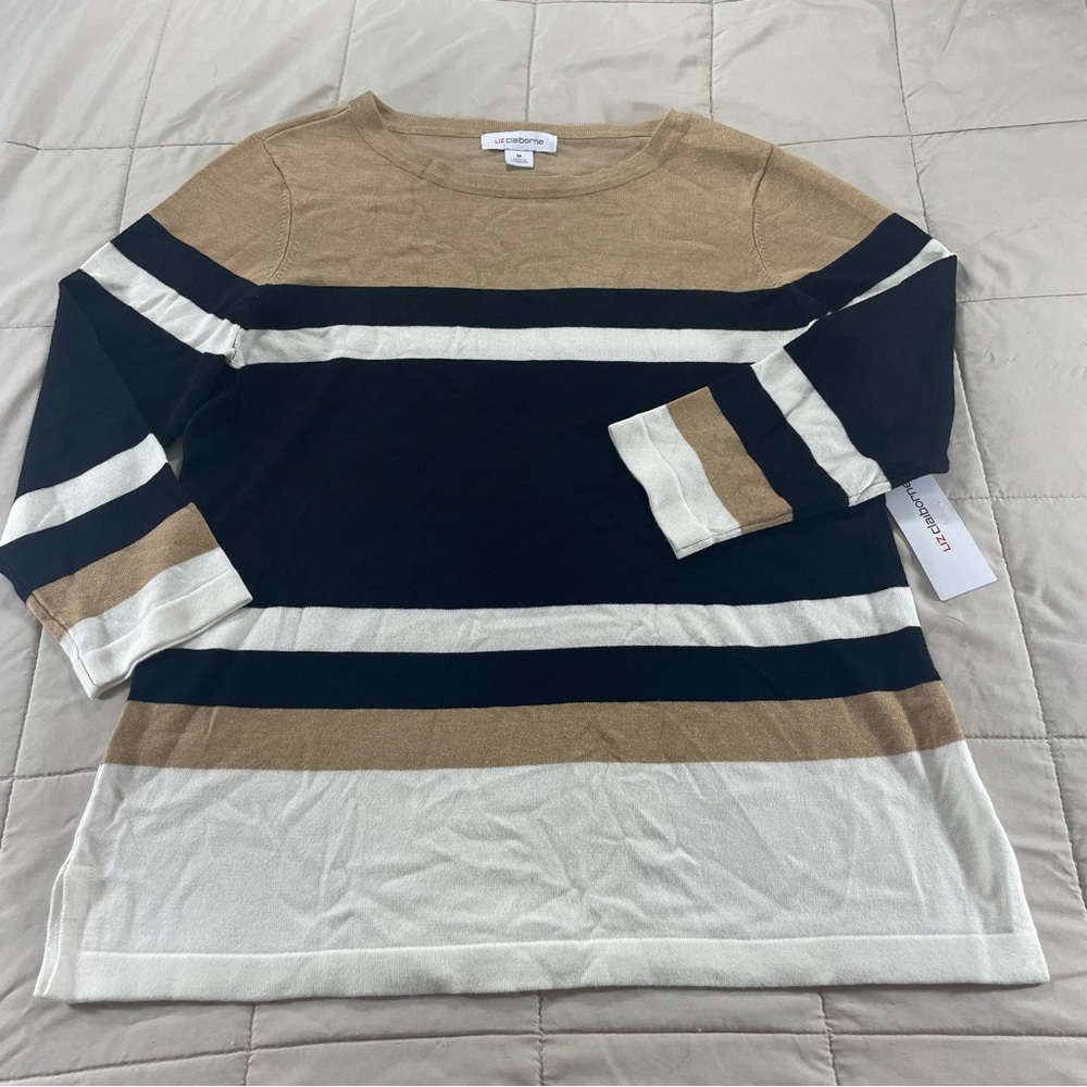 Liz Claiborne Size Medium Black Caramel White Long Sleeve Lightweight Sweater